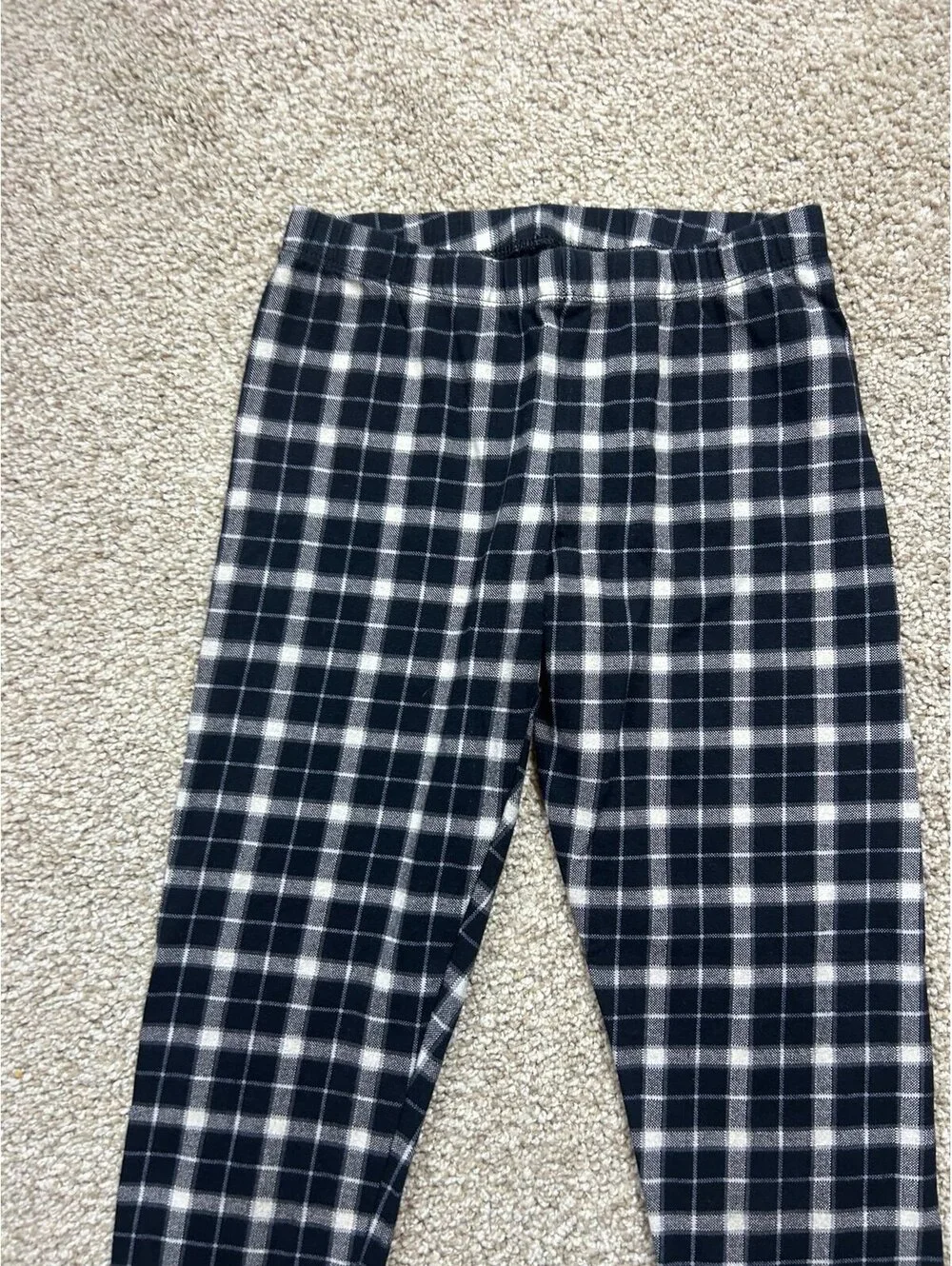 Girls Black White Plaid Fleece Lined Leggings Warm Stretch Winter Pants Sz 10/12